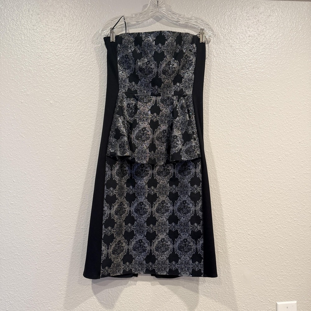 ABS By Allen Schwartz Dress Womens 10 Black Silver Strapless Peplum Jacquard